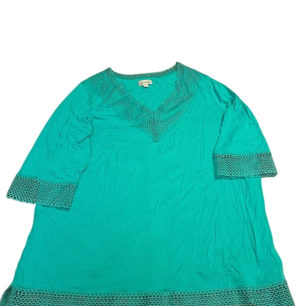 Catherines Women's Plus 1X Teal Blue Lace Trim‎ Short Sleeve Blouse